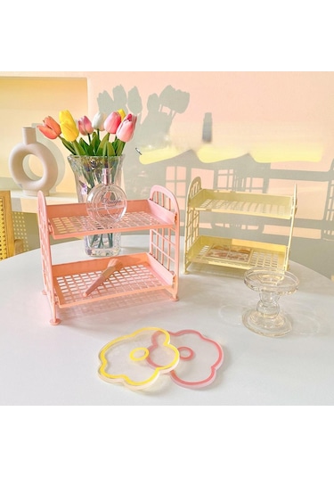 Mor Kawaii Çift Katmanlı Depolama Rafı Masaüstü Katlanır Makyaj Kutusu Raf Raf Kozmetik Depolama Bitirme Yurdu Banyo Mor