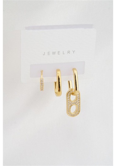 Kadın Altın Kaplama Zirkon Taşlı 3'lü Küpe Set - Altın