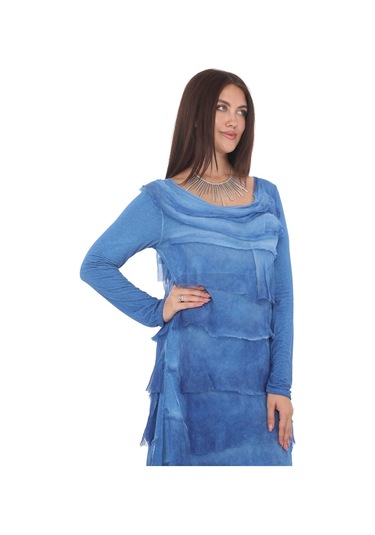 Italyan 2 Beden İnce Gösteren Kat Kat Uzun Kol Taşlanmış İpek Elbise Mavi