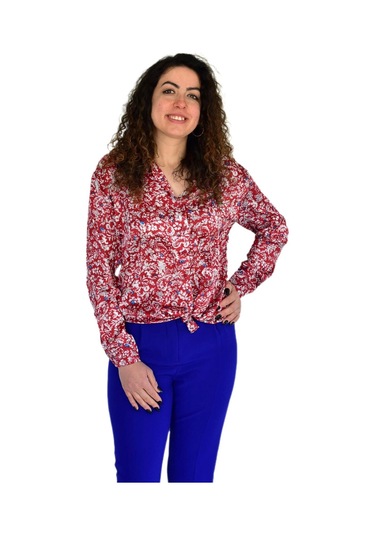 Kadın Saten Baskıkılı Desen Uzun Kol Gömlek Bgl-st04214 Kırmızı