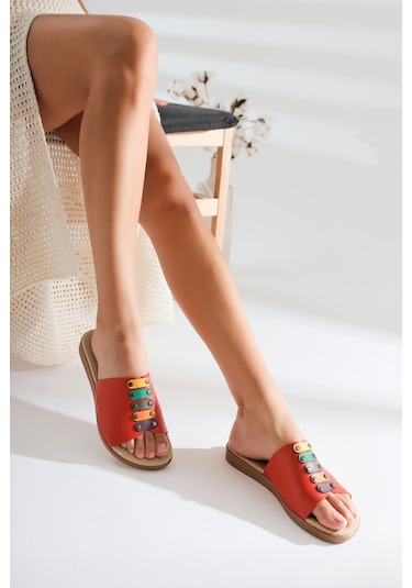 Hakiki Deri Nicola Kırmızı Hasır Tabanlı Renkli Tokalı Terlik 001