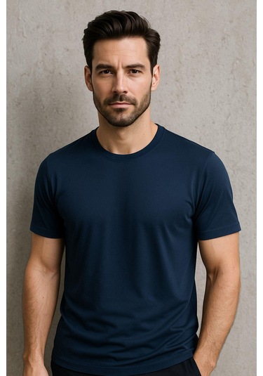 Erkek %100 Pamuk Slim Fit Sporcu Tişört Basic Bisiklet Yaka Kısa Kollu T-shirt Lacivert