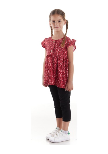 Ahengim Kız Çocuk Takım Vizkon Baskılı Taytlı Alt Üst Takım Pamuklu Ak2522 Kırmızı