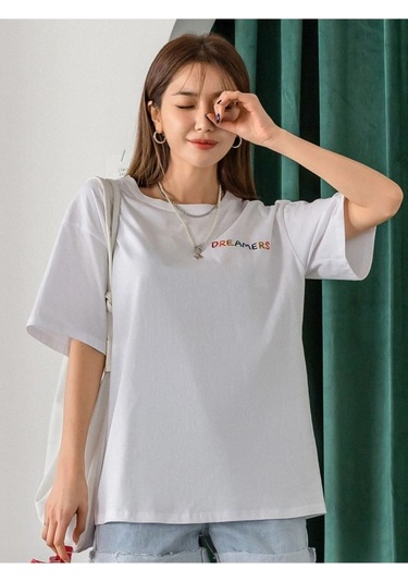 Kadın Beyaz Oversize Dreamers Baskılı T-shirt Beyaz-67295