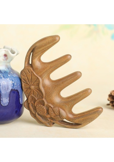 Sones Sandal Ağacı Oymalı Lotus Yaprağı Şeklinde El Yapımı Tarak Çok İşlevli Meridyen Masaj Kalınlaştırıcı Sağlık Tarak Masaj Tarağı