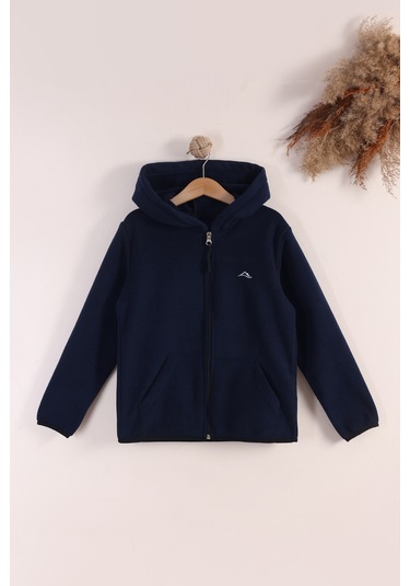 Monox Lastik Manşetli Fermuarlı Kapüşonlu Çocuk Unisex Polar Ceket Lacivert