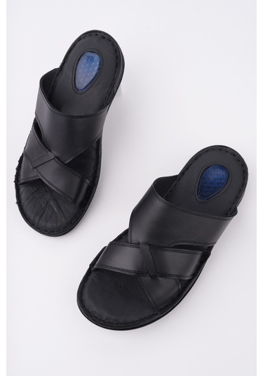 Muggo Eco Garantili Erkek Günlük Hakiki Deri Rahat Yumuşak Taban Ortopedik Terlik Siyah