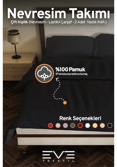 Eve Tekstil %100 Pamuk Ranforce Çarşaflı Yastık Ve Yorgan Kılıflı Çift Kişilik Nevresim Takımı 200x220 Cm Siyah