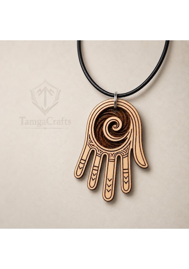 Spiral Hamsa Eli Ahşap Kolye 44x30 Mm - Siyah İpli Bohem Unisex 01 - Ekru
