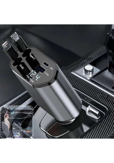 Honeybeeshop Type C Ve Ios İçin Metal Stil 66w Hızlı Araç Şarj Cihazı Teleskopik Kablolu 2 Usb Portlu İphone Samsung Xiaomi Uyumlu