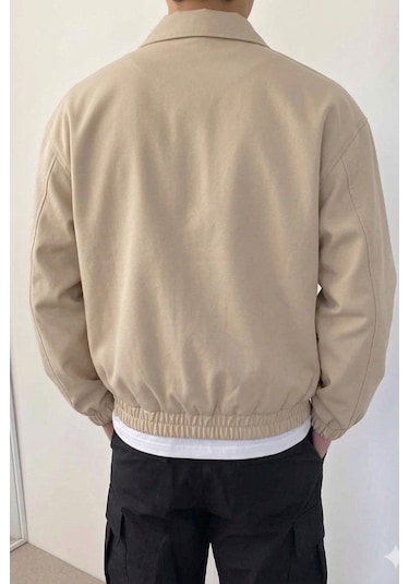 Tarz Cool Erkek Oversize Bomber Ceket Fermuarlı Basic Günlük Şık Mont Bej