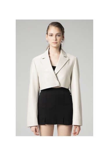 Dericlub Jasmine Kadın Crop Blazer Hakiki Deri Ceket Bej Null Bej