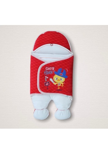 Yenidoğan Cesur Şovalye Civciv Nakışlı Şapkalı Erkek Ayaklı Kundak Bebek Battaniyesi Kırmızı Kırmızı