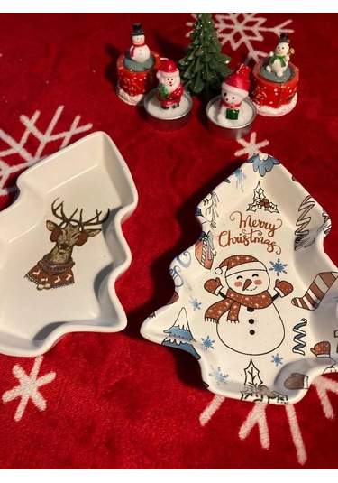 Yılbaşı Temalı 2'li Ağaç Tasarımlı Desenli Seramik Sunum Servis Tabağı 17x12 Cm Geyikli Ve Kardan Adamlı