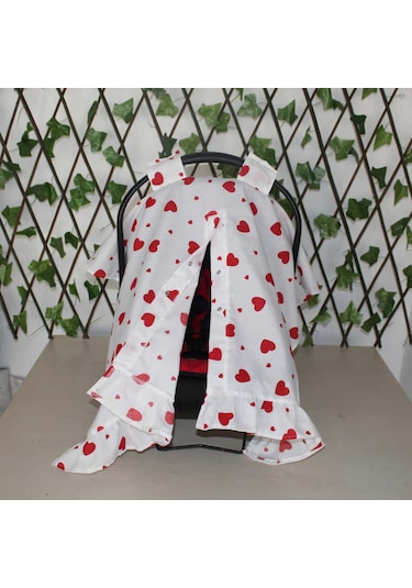 Bebek Puset Örtüsü Kalpli Puset Örtüsü Pamuklu Kumaş Fırfır Detay Çıt Çıtlı Puset Örtüsü Beyaz - Kırmızı