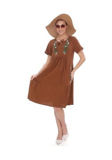 Yarım Kol Yuvarlak Yaka İşlemeli Keten Elbise-9166 Tarçın