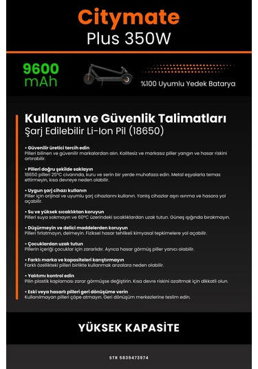 Citymate Plus 350w / 36v 9600mAh Elektrikli Scooter Bataryası