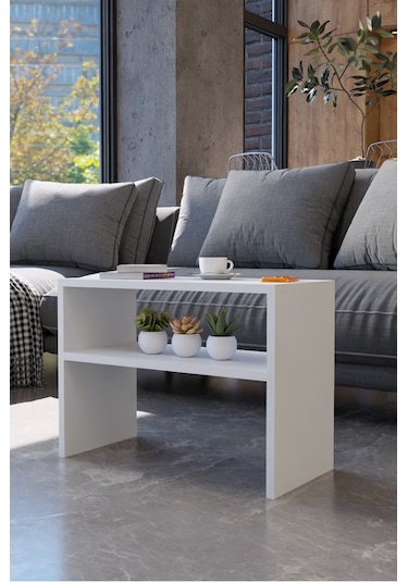 Alpa Ev Mobilya C Tasarım Koltuk Yanı Sehpa, Kitaplıklı Modern Laptop & Kahve Sehpası, Orta Sehpa Beyaz