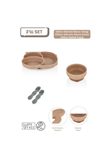 3'lü Silikon Bebek Beslenme Seti / Bölmeli Mama Tabağı / Mama Kasesi / Mama Kaşığı - Moka Mocca