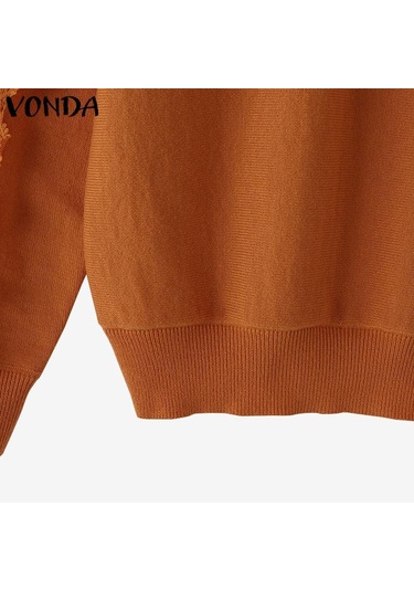 Vonda Kadın Sonbahar Dantel Yuvarlak Yaka Uzun Kollu Kazak Kazaklar Turuncu