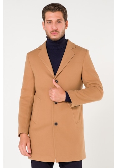 Slim Fit V Yaka Kışlık Pudra Kaşe Kaban-Pudra