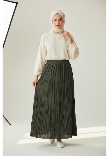 Ece Giyim Kadın Beli Lastikli Katlı Yazlık Çingene Etek haki