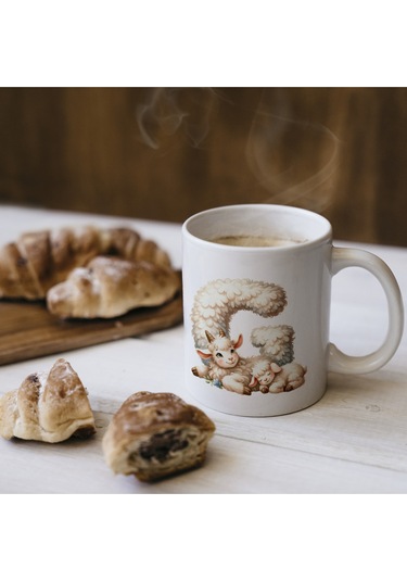 C Harfi Tasarım Bardak, Sevimli Hayvan Temalı Harf Bardağı Beyaz