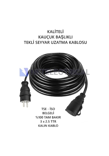 Kauçuk Tekli Seyyar Uzatma Kablosu - 3x2.5 Ttr Kalın Siyah Kablo- 20 Metre 20 Metre