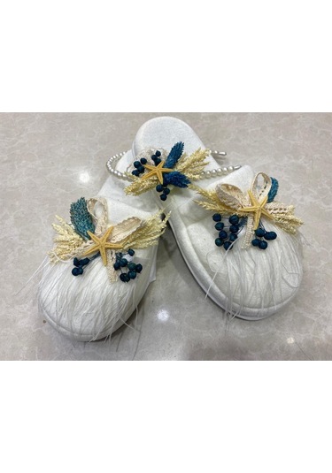 Lohusa Terlik Taç Takımı Petrol Mavi Kuru Çicek  Taç