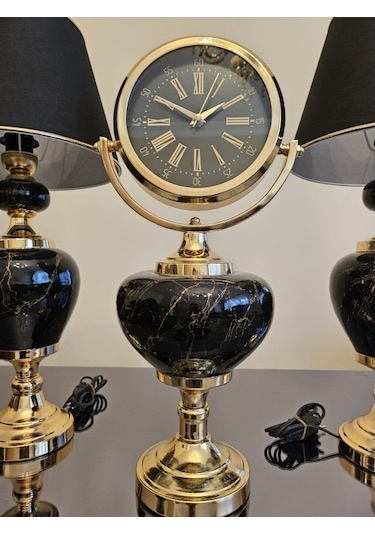 Gold Metal Detaylı Siyah Abajur Ve Saat Set Diğer