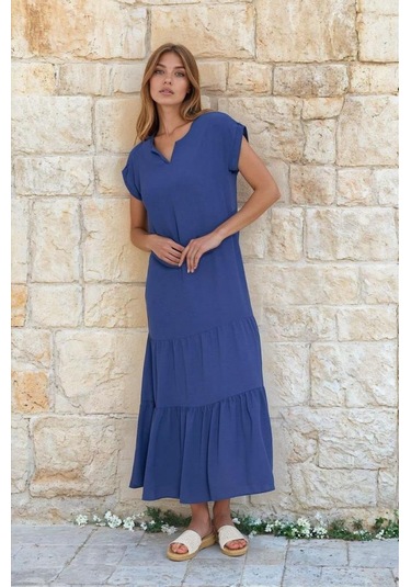 Kadın Uzun Eteği Fırfırlı Kısa Kol Apolet Detaylı Salaş Günlük Rahat Elbise 3761366 İndigo