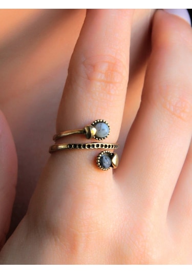 İkili 3mm Doğal Taşlı Antik Kadın Ayarlanabilir Yüzük Dendritli Opal Rutil Kuvars Taşı Euy32or Siyah