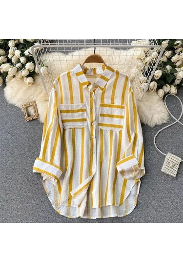 Novahub Yaz Yeni Orta Uzunlukta Dikey Çizgili Çok Renkli Gömlek Ceket Kadın Kore Tarzı Rahat Gevşek Üstler Sarı - M Sarı