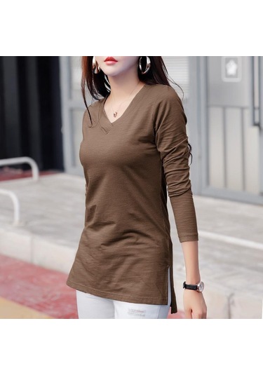 İlkbahar Ve Sonbahar Kadın Bluz Günlük V Yaka İnce İnce Orta Uzunlukta Dip Gömlek Uzun Kollu Üstler Kahve Kahverengi