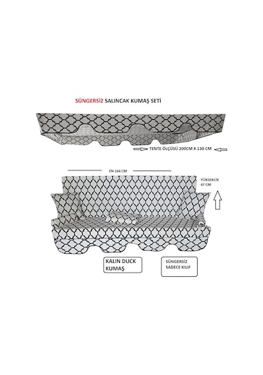 Süngersiz Tenteli Salıncak Kumaş Seti 3 Kişilik Süngersiz 164x47 Cm Alaçatı Model Siyah - Beyaz
