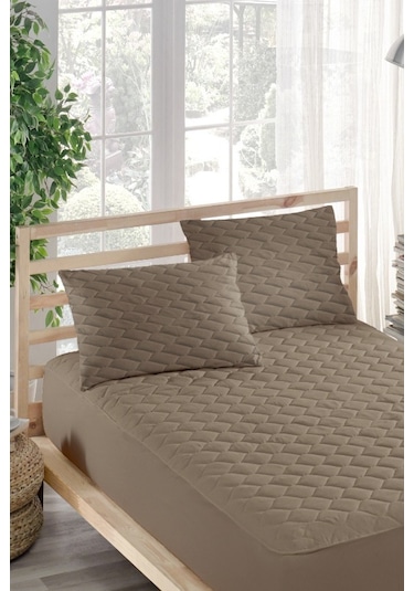 Alez Takımı %100 Pamuklu Sessiz 3 Parça Kapitoneli Yastık Alezli Kahve Tek Kişilik