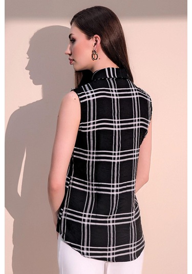 Kadın Siyah Kaliteli Üretim Kare Desen Ekose Kolsuz Gömlek Siyah