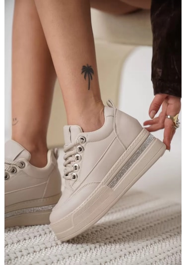 Trendella Kadın Bej Gizli Topuklu Sneaker Tr04ms01c Beyaz