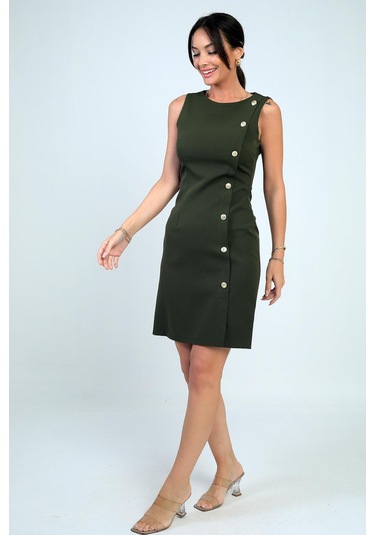 Kadın Kendinden Telalı Yan Düğmeli Kısa Elbise-41005 Haki