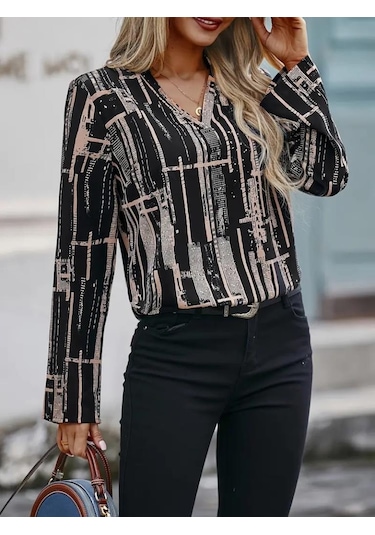 Kadın Uzun Kollu V Yakalı Desenli Dalgıç Bluz Siyah