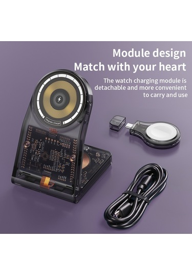 Lfx-198 15w Şeffaf Magsafe Kablosuz Şarj Standı, Çıkarılabilir Saat Şarj Cihazı İle Siyah