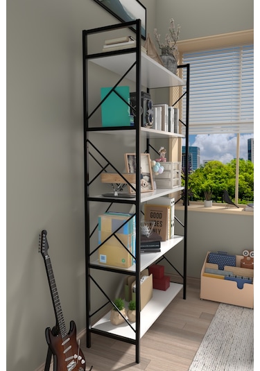 5 Raflı Kitaplık Dekoratif Raf 180x90x30CM Beyaz