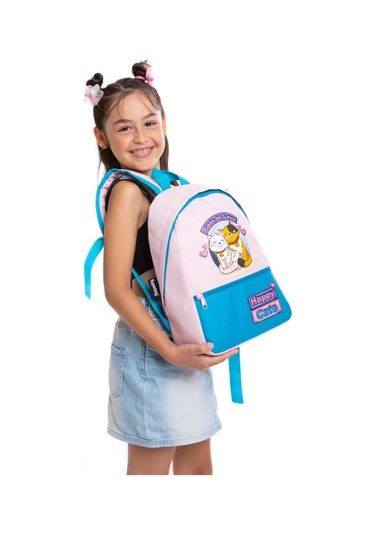 Superbag Kız Çocuk Anaokulu Çantası Mutlu Kediler Desenli Sırt Çantası Kreş Çantası Pembe