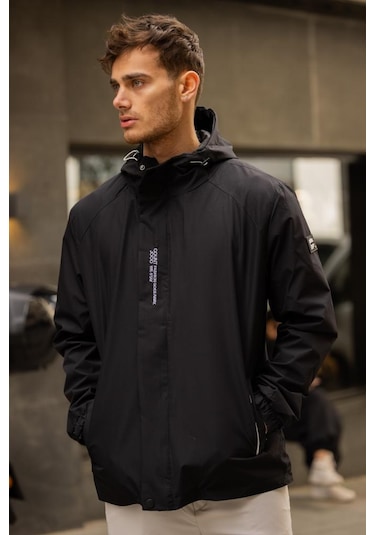 Yeast İçi Astarlı Suya Dayanıklı Kapşonlu Fermuarlı Yağmurluk - Siyah Siyah