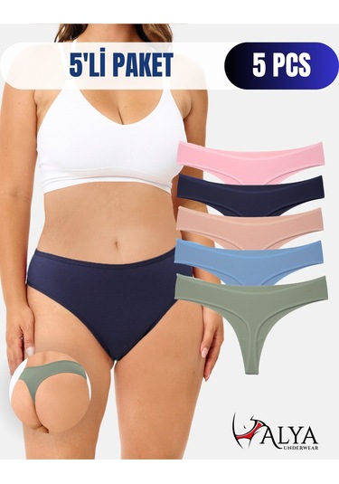 Alya Underwear Kadın Bato Tanga Pamuklu Külot, Büyük Beden String, 5'li Paket- 2 Siyah, 1 Beyaz, 2 Ten P14