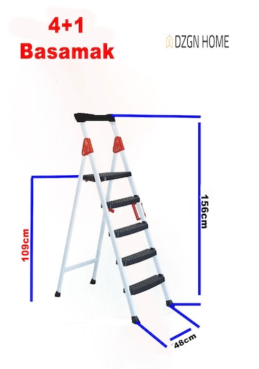 Extra Dayanıklı 4+1 Özel Tasarım Hafif, Kaymaz, Metal Basamaklı Katlanır Merdiven Kırmızı-siyah