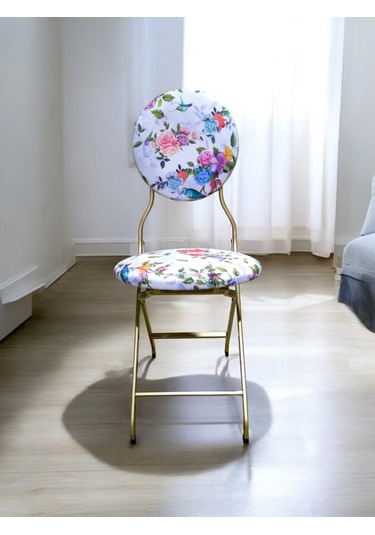 Katlanabilir Beyaz Gül Ve Kuş Desenli Gold Metal Sandalye Altın