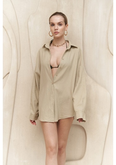 Charlotte Bej Oversize Keten Gömlek Bej