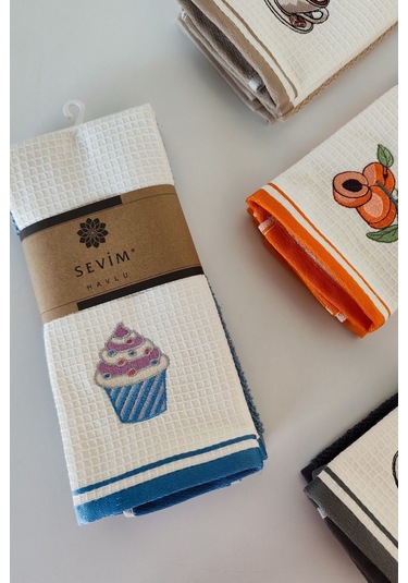 2 Li Mutfak Havlusu %100 Pamuk - Cupcake Nakışlı - 40x60 Cm Indıgo Indigo