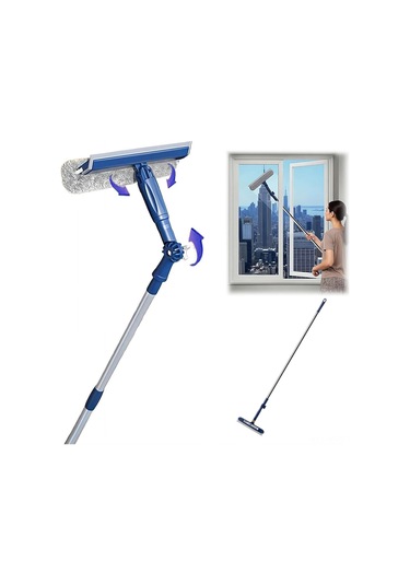 Monyee Yüksek Katlı Evler İçin Çift Taraflı Pencere Temizleyici - Döner Kafa Ve Kauçuk Silecekli Ev Temizlik Aracı Mavi